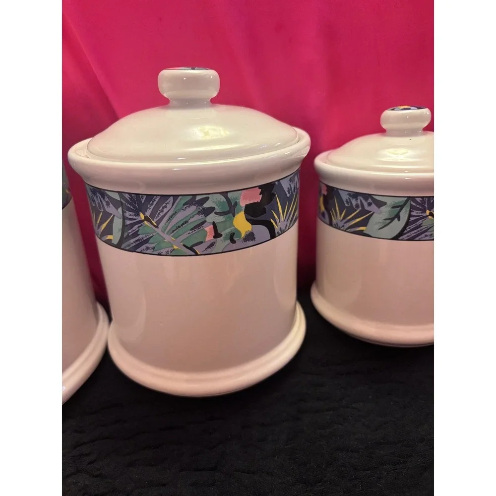 Vitramaster Key Largo 90s Vintage Ceramic Canister Set 4pc Tropical Jungle Leaf